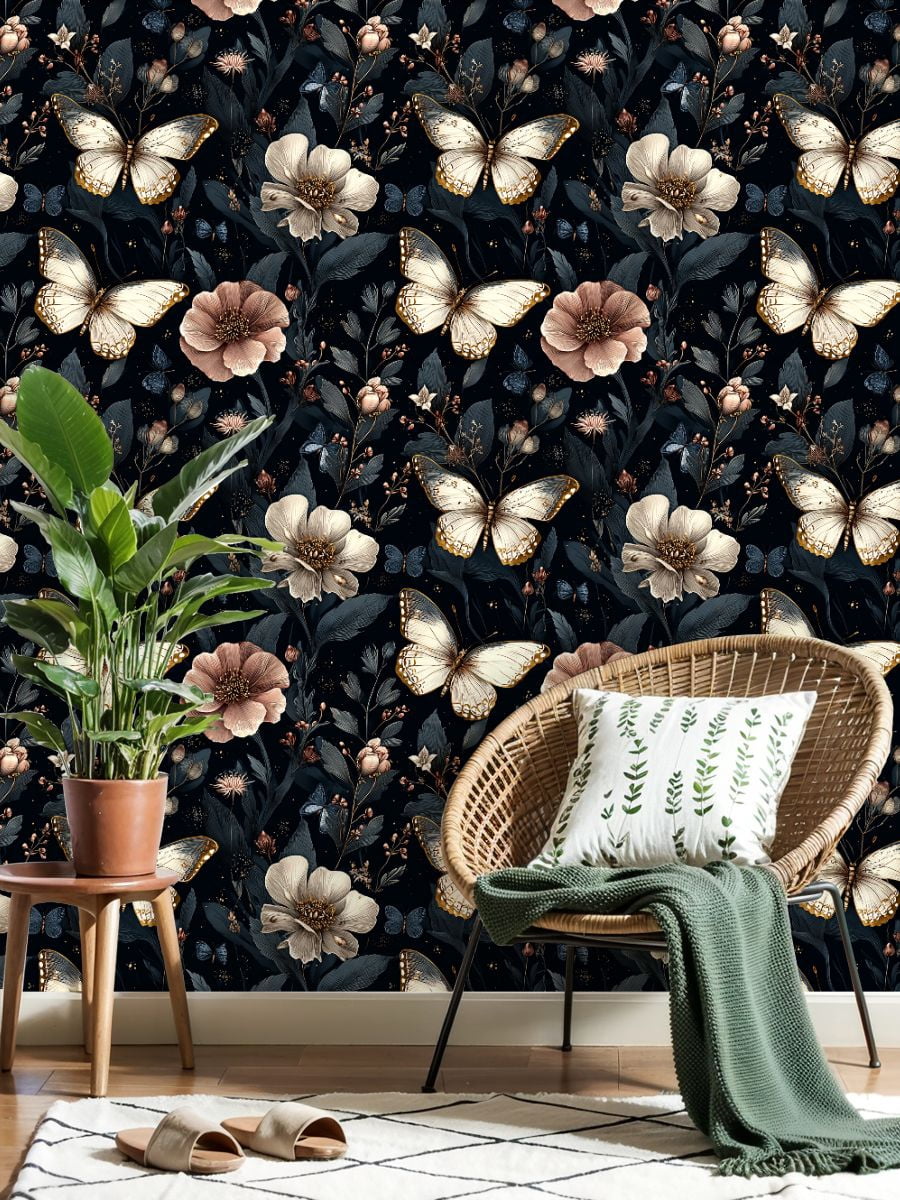 Peel and Stick Wallpaper Elegant Butterflies Floral Dark Wall Mural 23.6in x 9.8ft Self Adhesive Removable Wall Paper Renter Friendly Wallpaper for Nursery Bedroom Cabinets