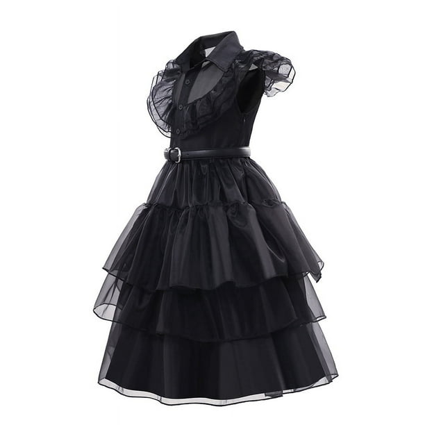 Disfraz De Miércoles Addams Para Niña – Vestido Gótico Con Cinturón, Peluca, Calcetines Y Cuello De Malla – Ideal Para Halloween, Cosplay Y Fiestas Temáticas – Tallas 140 Y 160 Cm
