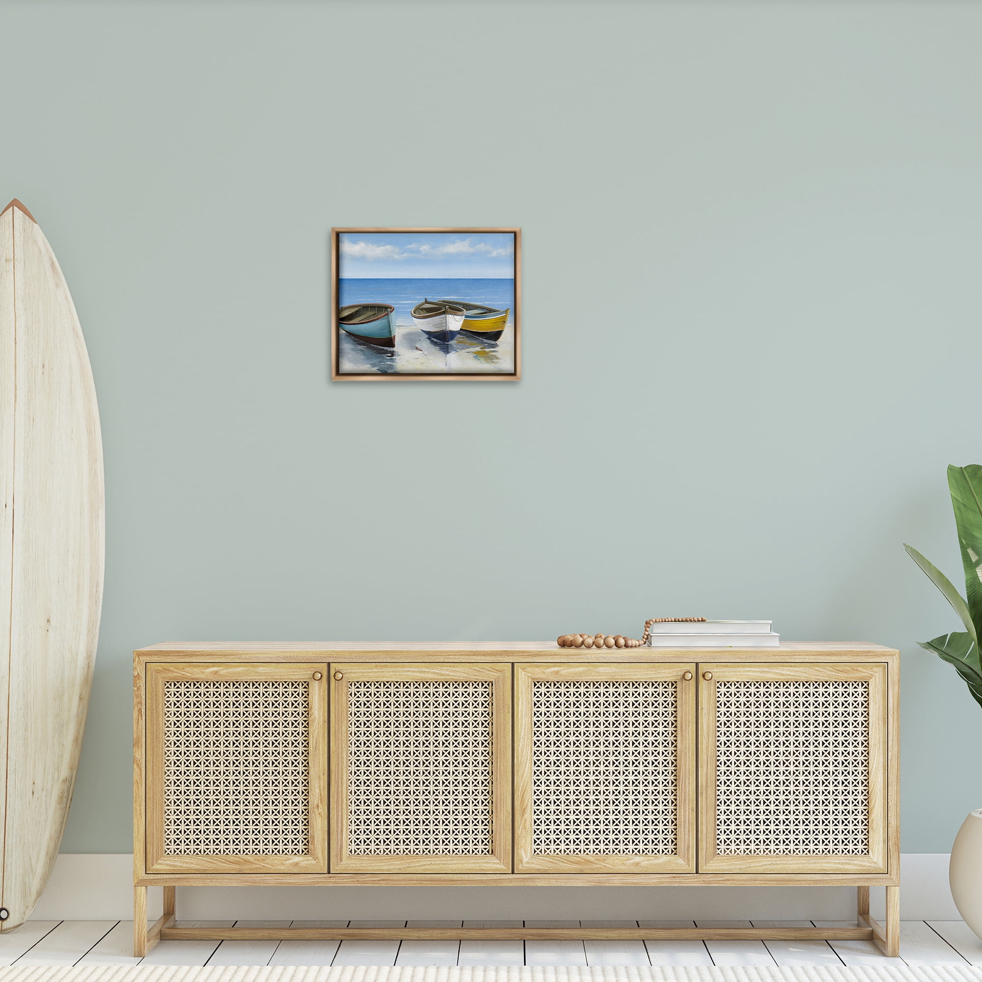Stupell Industries Coastal Rowboats on Shore Transportation Painting Brown Floater Framed Canvas Art Print Wall Art, 21 x 17