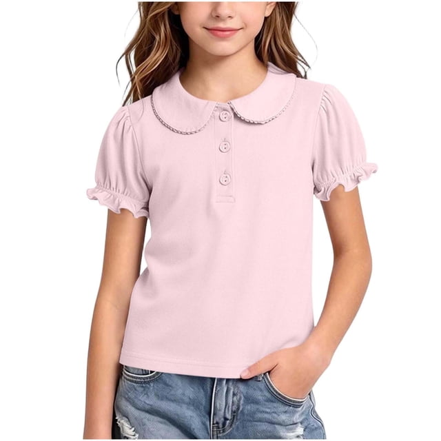 Odeerbi Camisas de Golf de Chicas Algodón Peter Pan Collar Puff Camisas de Tenis de Manga Corta