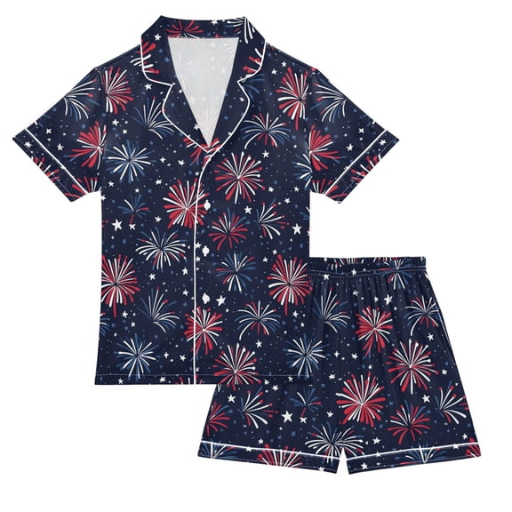 FORMRS Niños Short Sleeve Top and Pants Pajama Set Unisex Satin 2-Piece Sleepwear, Sizes 5-6Y, Red and Blue Fireworks Pattern