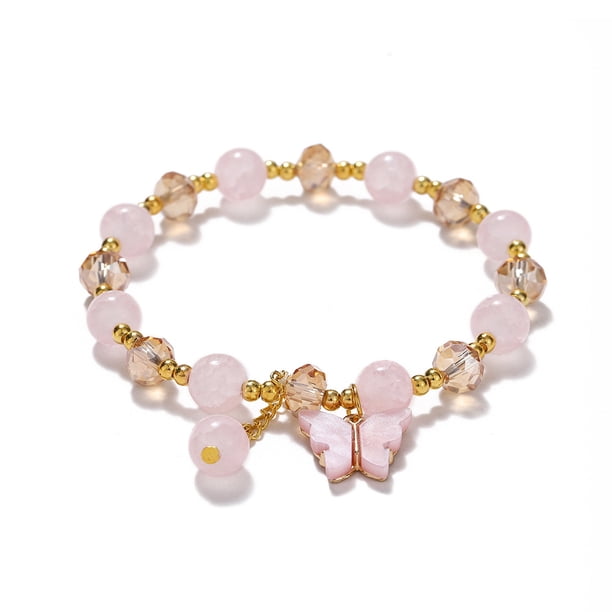 Nvzi Pulsera de mariposa de imitación de jade con forma de palomitas de maíz, pulsera de cristal de mariposa, pulsera de estilo chino para mujer, regalos, rosa claro