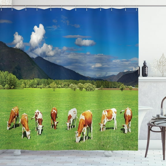 Cattle Shower Curtain, Mountains and Cloudy Blue Sky Landscape Background with Grazing Cows Illustration, Fabric Bathroom Set with Hooks, 69W X 70L Inches, Multicolor, by Ambesonne