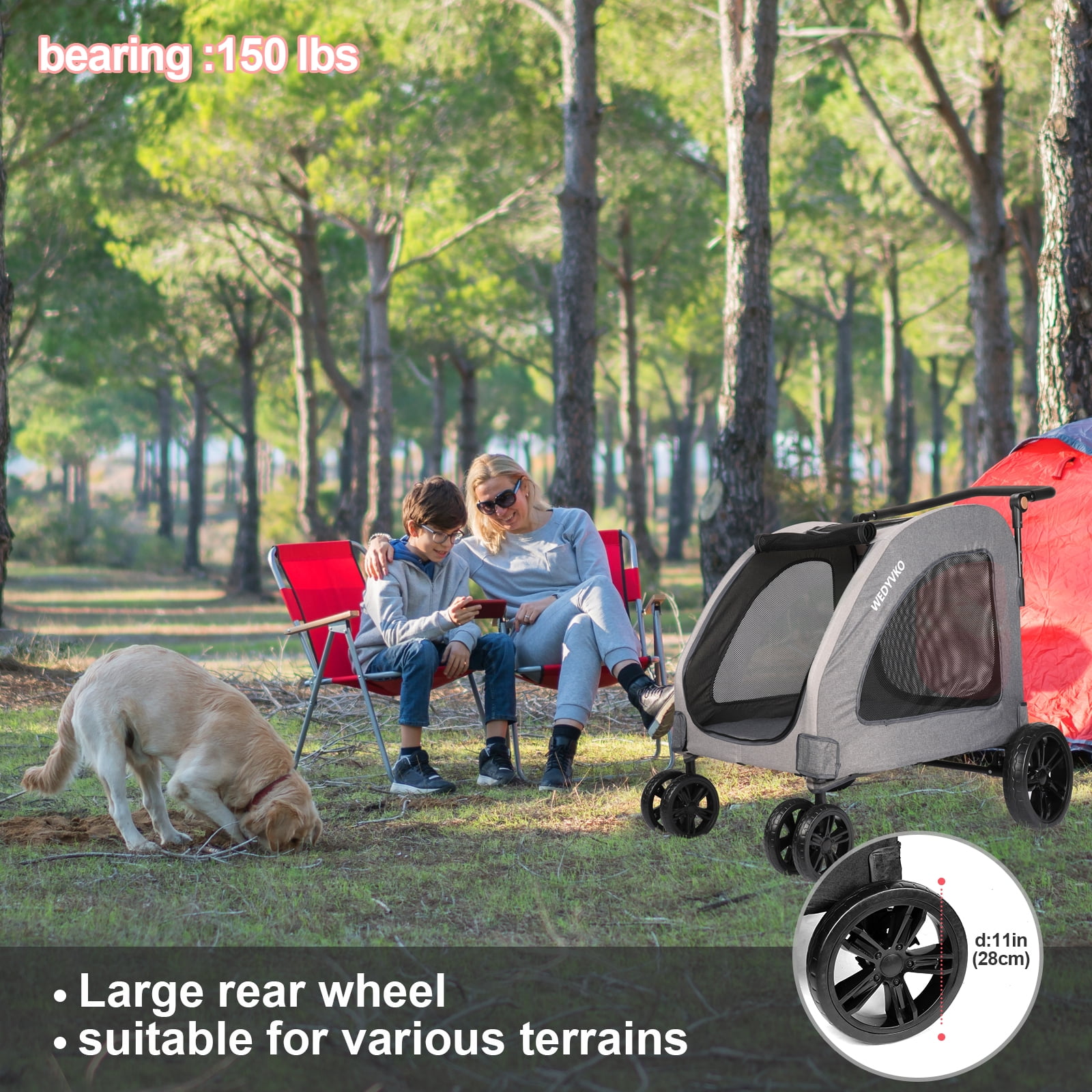 uyoyous Big Dog Stroller Grey Ventilated Foldable Pet Cart 25.2×31.4 with  4 Rubber Wheels and Adjustable Handle Zipper Entry, Mesh Skylight Cat Dog