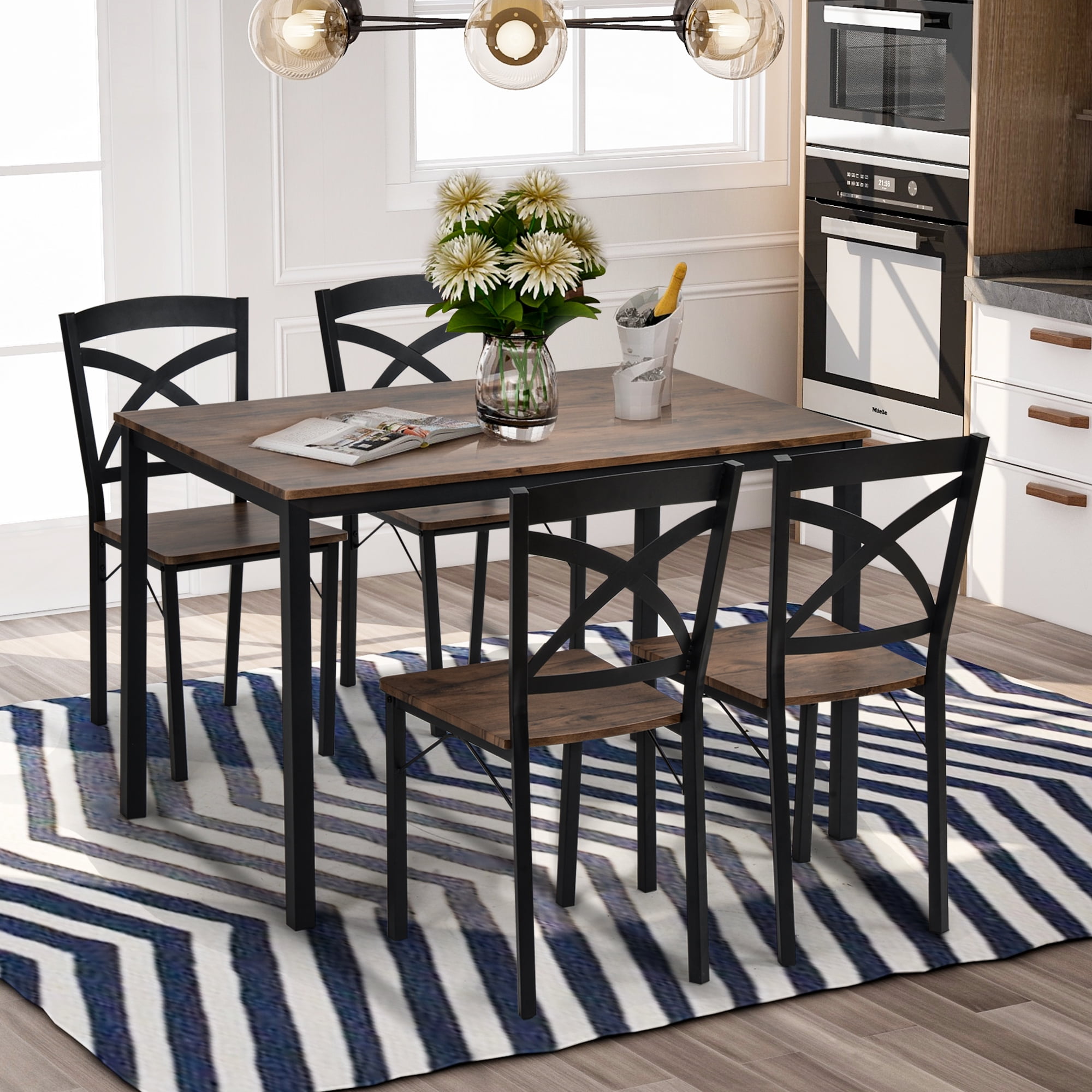 Resenkos Industrial Style 5 Piece Dining Table Set for Dining Room & Kitchen, 1 Table & 4 Chairs, Brown