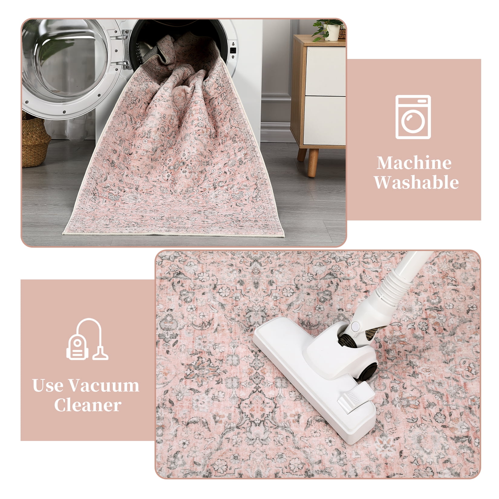 Hasoo 9' x 12' Area Rug for Living Room Boho Vintage Rug Non Slip Throw Rugs Floral Bedroom Rug, Pink