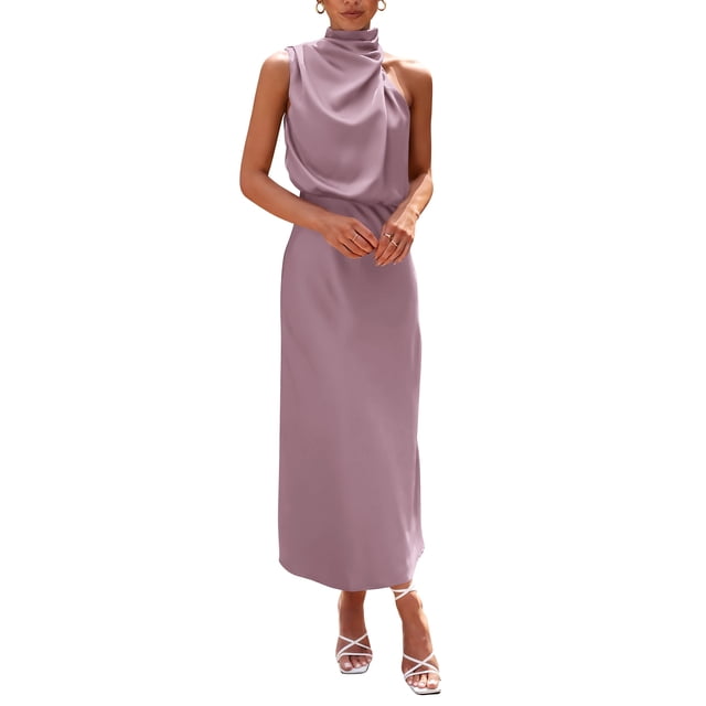 Vestido PRETTYGARDEN Satín Sin Mangas Cuello Simulado Maxi Rosa M