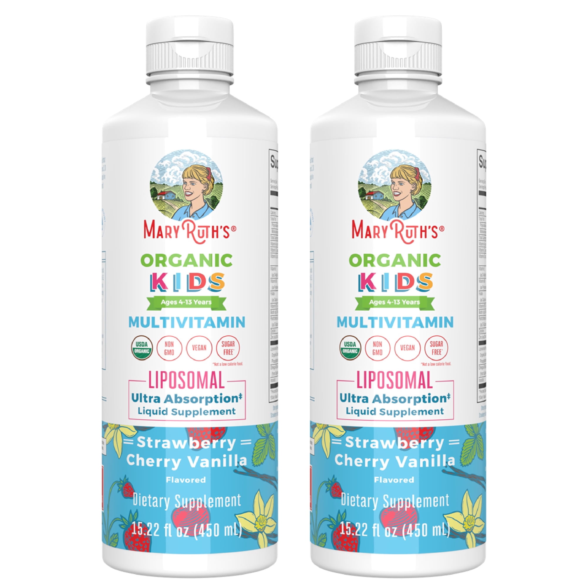(2 pack) MaryRuth's Kids Multivitamin Liposomal, Immune Support, Overall Health, USDA Organic, Vegan, Sugar-Free, Ages 4+, 15.22 fl oz