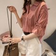 thumbnail image 4 of Women's Butterfly Short Sleeves Striped Print V Collar Cotton Shirts Casual Blouses, 4 of 9