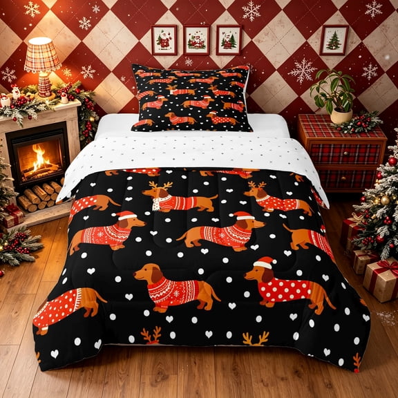 Erosebridal Kawaii Christmas Dachshund Twin Comforter Sets, Presents Bedding Set, Black Red, Reversible, 2-Piece, 1 Comforter and 1 Pillowcase