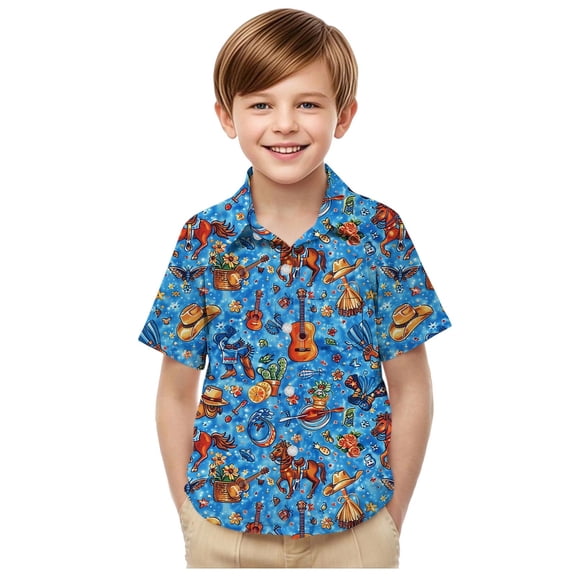 LIBRCLO Toddler Button Down Shirts for Boys Size 2 Years Short Sleeve Summer Beach Shirts Casual Cowboy Prints Shirt Blue