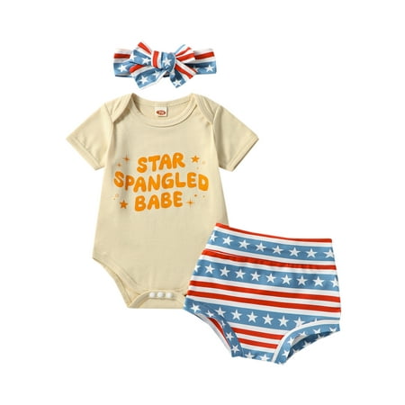 

3Pcs Baby Girl 4th of July Outfit Summer Outfit USA Short Sleeve Romper and Stars Stripes Shorts Headband