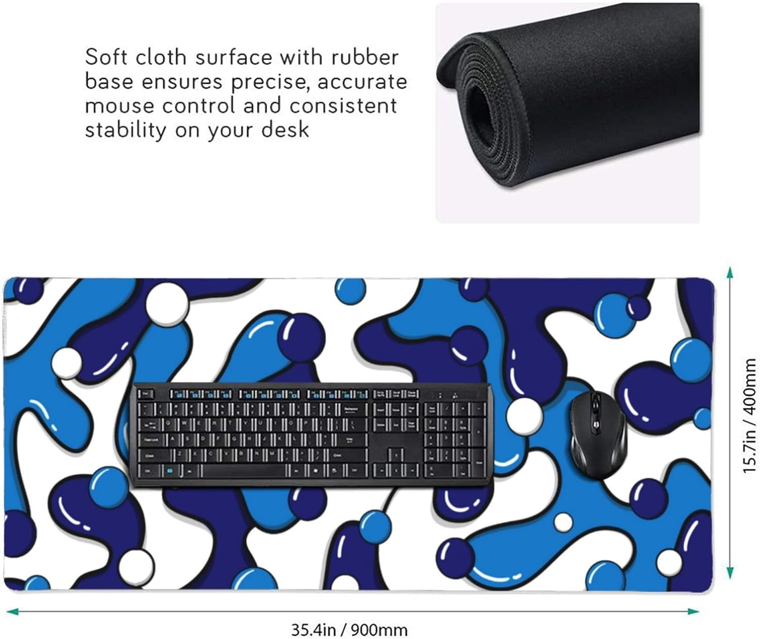 Navy Blue White Gaming Mouse Pad Desk Pad XXL 35.4×15.7 Inch Japanese Anime Geometric Cool Extended Mousepad 40X90cm with Non-Slip Rubber Base Stitched Edge Large Desk Mat for Gamer Office Home Work