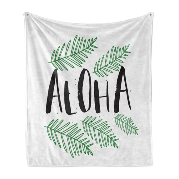 Aloha Soft Flannel Fleece Throw Blanket, Summer Pattern of Inky Text and Tropic Simple Leaves Oceanic Beach Design, Cozy Plush for Indoor and Outdoor Use, 50" x 70", Charcoal Grey Green, by Ambesonne