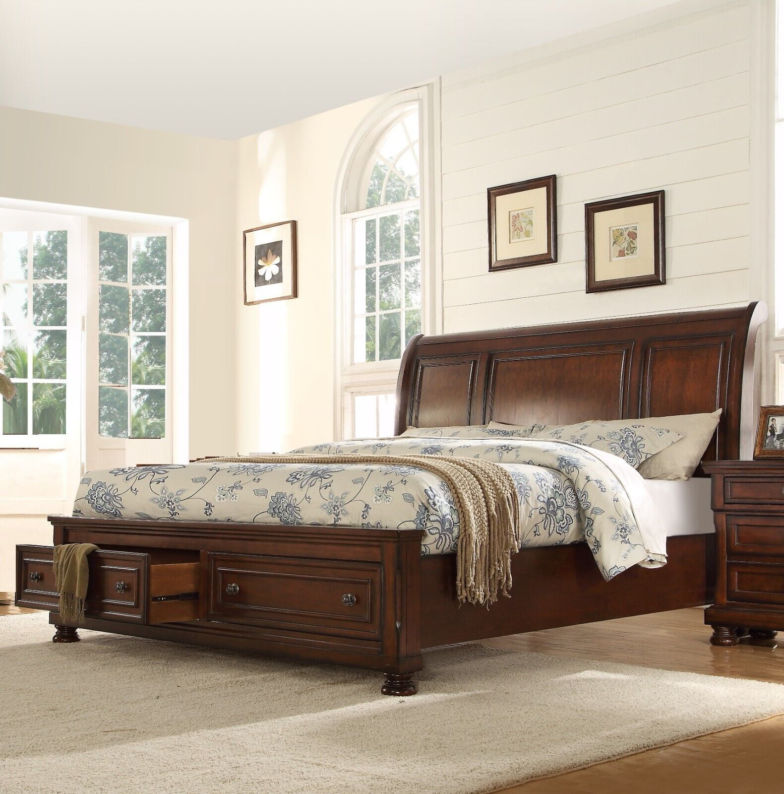 Contemporary Recessed 1pc Queen Size Bed Curve Headboard Storage