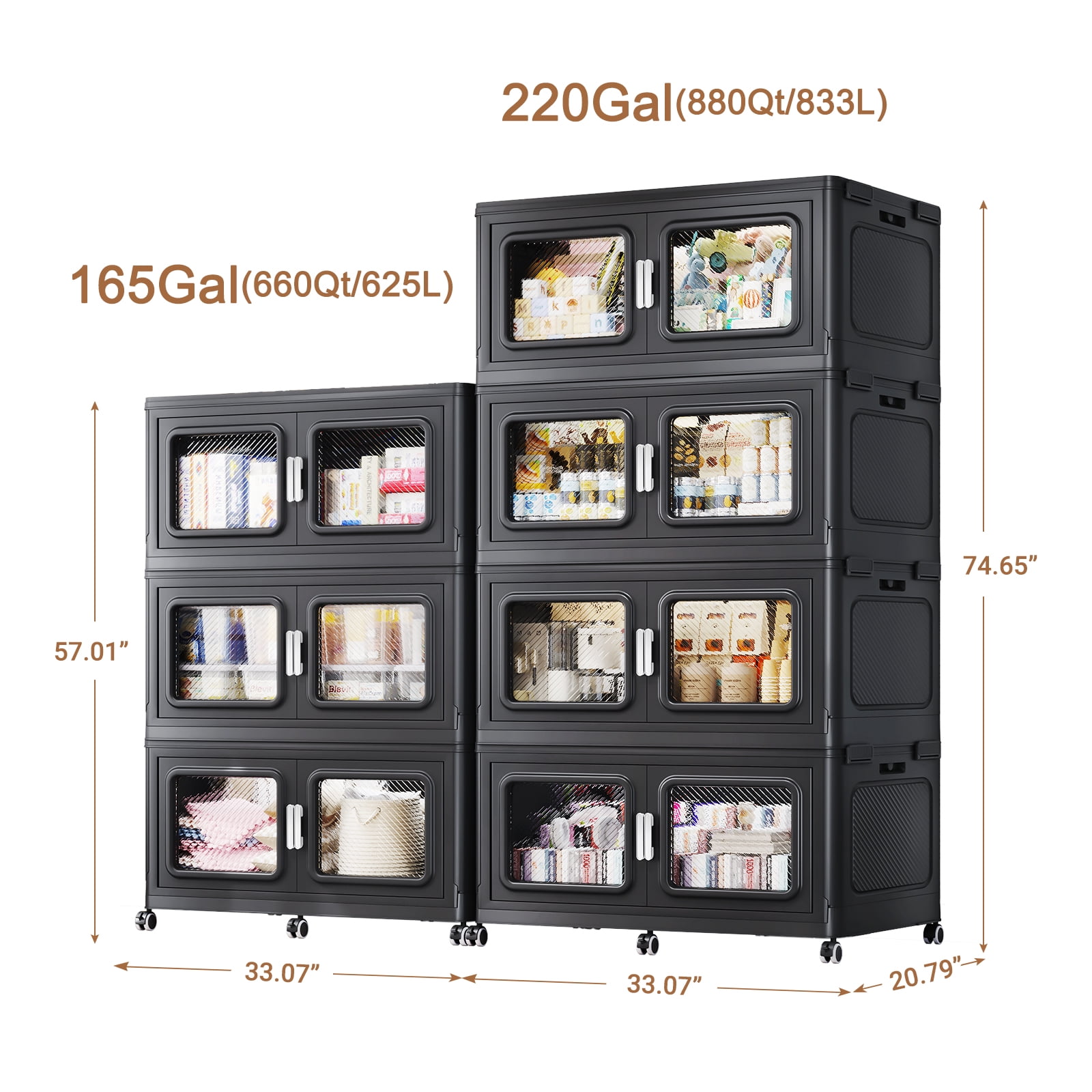 Broview Extra Large Stackable Storage Bins 385 Gal Black, Stackable, Collapsible Storage Box with Front Door, Lids and Wheels - 1458 L - 1540Qt- for Home Organization