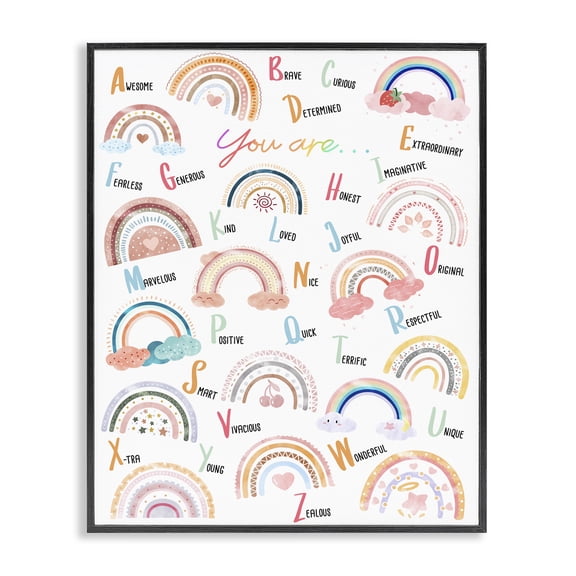 Stupell Industries Contemporary Motivational Rainbow Alphabet Kids' Positivity ABC's Black Framed Giclee Art, 11 x 14, by Ziwei Li