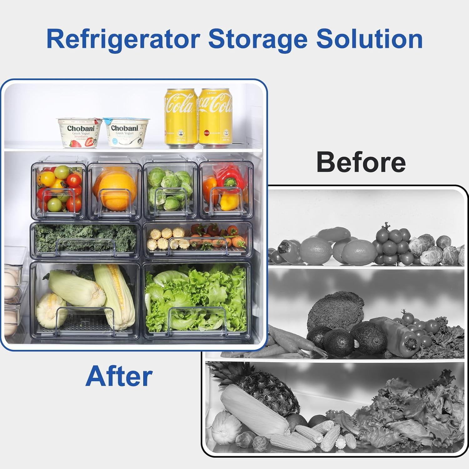 Pull Out Clear Fridge Organizer Drawers with Drainer, Refrigerator Stackable Storage Bins for Kitchen Fruit & Veggie Organization (2PCS, Medium)