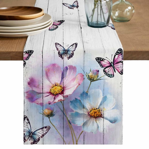 Table Runner 90 Inches Long for Kitchen Dining, Pink Blue Floral Dresser Scarf Farmhouse, Dining Table Decorations for Wedding/Parties, Butterflies Vintage Oil Painting Wooden 13 x 90 In