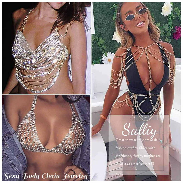 Salliy Boho Rhinestone Bikini Chain Set Silver Sexy Sequins Mesh Body Chains  Summer Bra Body Jewelry for Women and Girls (D) 