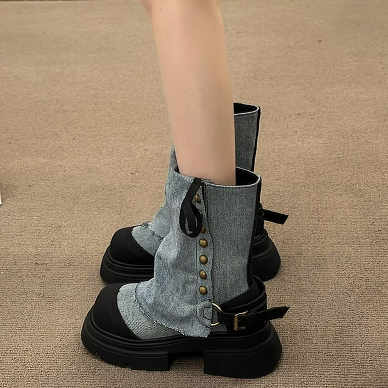 Hvyesh Fold Over Denim Boots for Women Sole Chunky Thick Soled