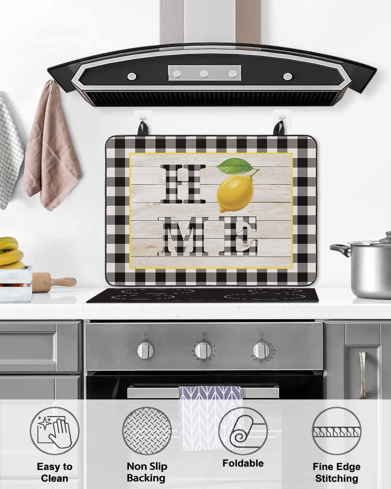 Large Induction Cooktop Protector Mat Lemon Stove Top Covers for Electric Stove, Summer Botanical Black White Plaid Pastoral Wooden Decorative Stove Burner Cover Mats, Glass Top Stove Cover