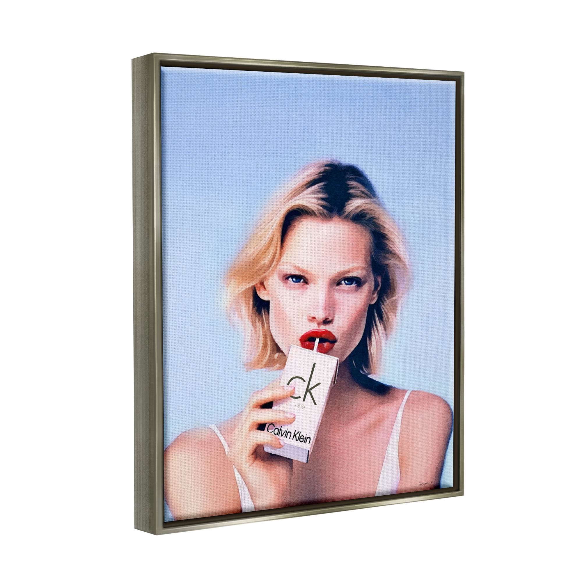 Stupell Industries Girl with Fashion Drink Beauty & Fashion Painting Gray Floater Framed Art Print Wall Art, 25 x 31