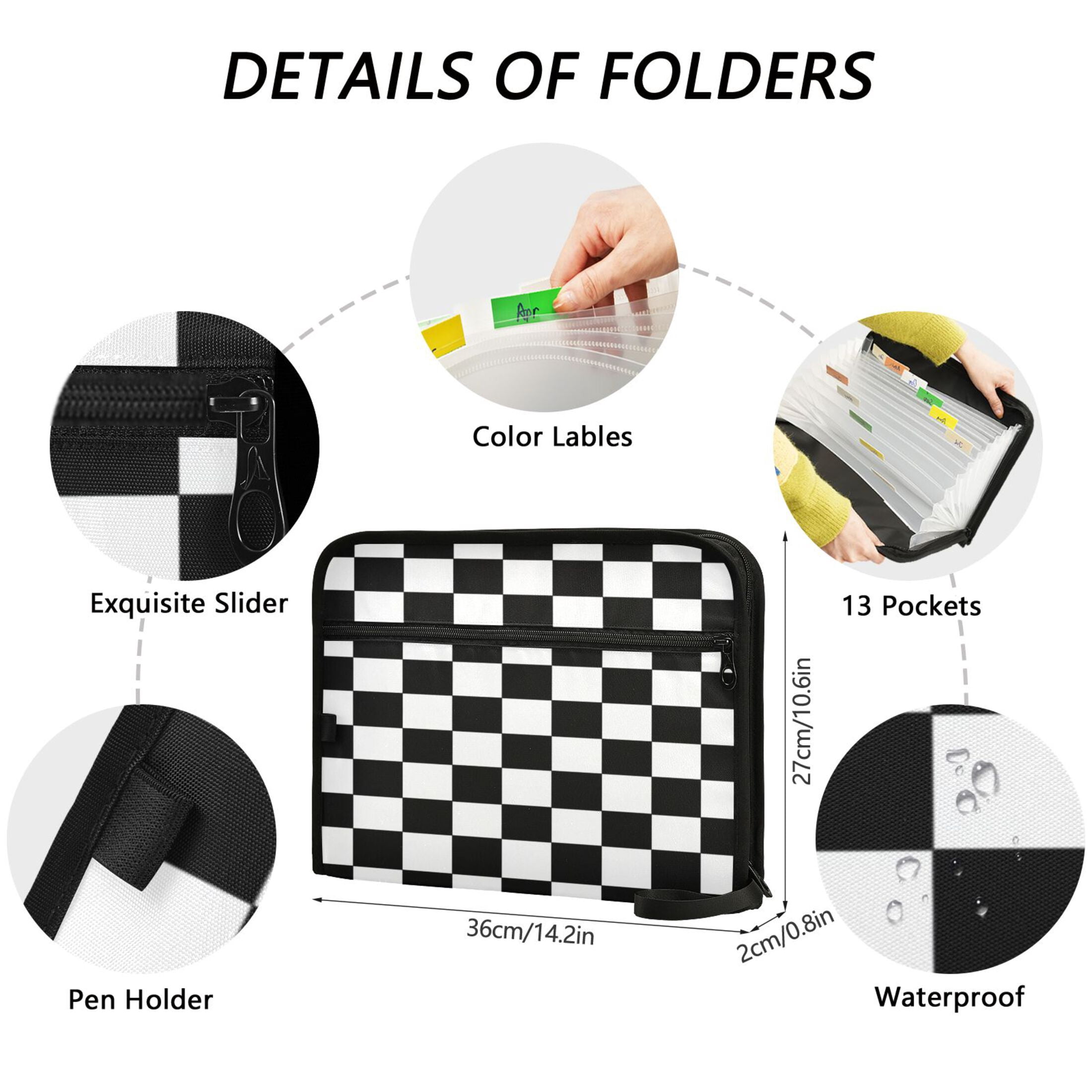 Accordion File Organizer with Zip Closure 13 Pockets Expanding File Folder Letter A4 Paper Document Organizer for Home Office Black and White Check