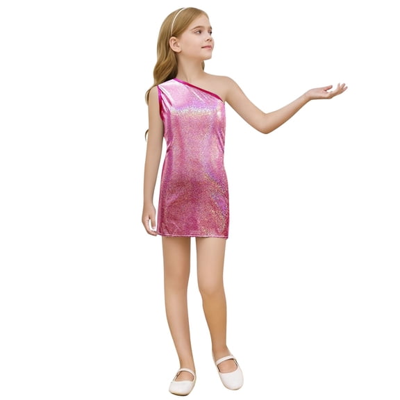 HXWCHs Girls Sparkly Sequin Print Dress Asymmetric Hem Round Neck Sleeveless Party Wear formal Occasion 3-4Years Hot Pink