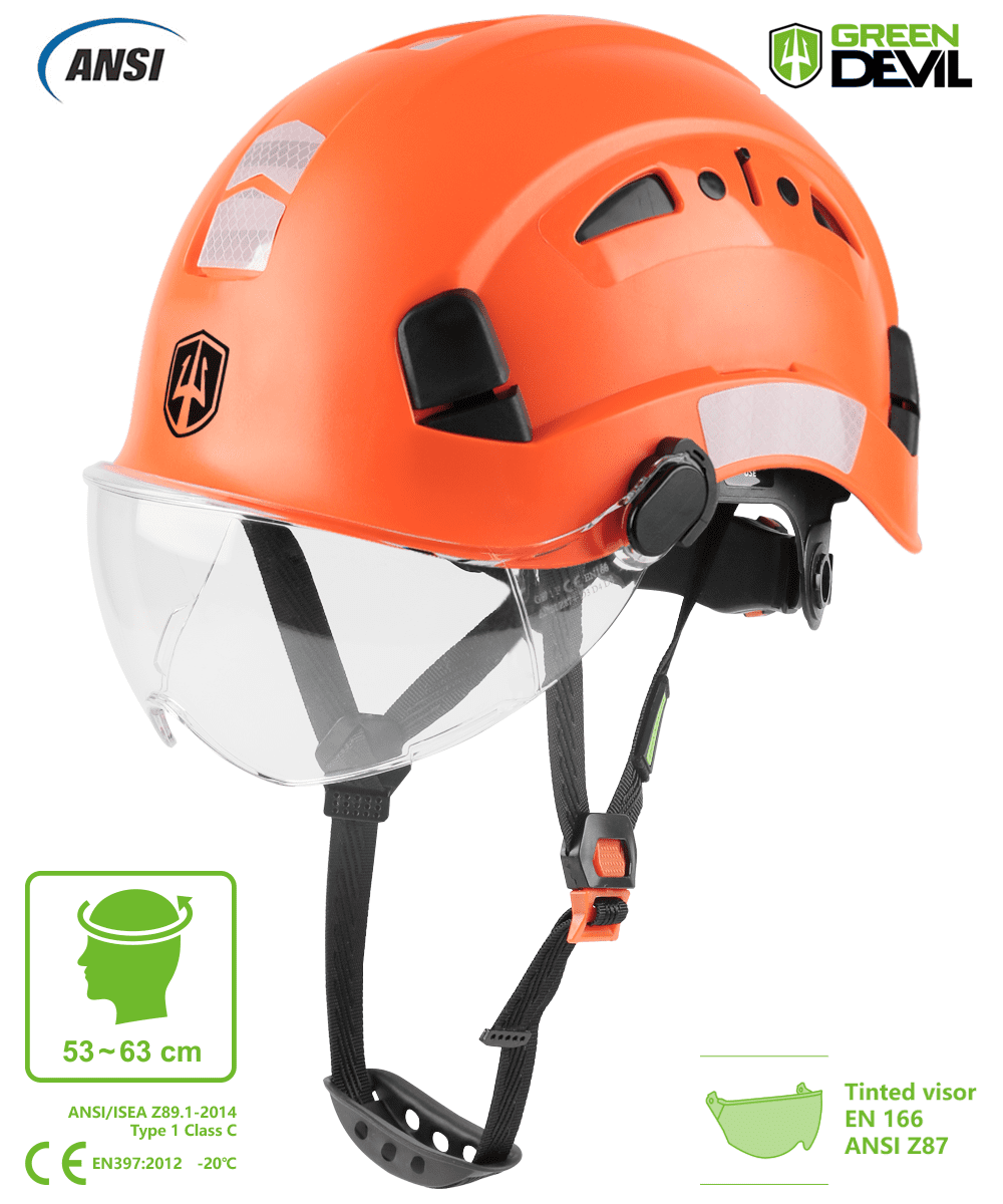 GREEN DEVIL Safety Helmet Hard Hat with Visor and Chinstrap Adjustable Lightweight Vented ABS Work Helmet for Men and Women 6-Point Suspension ANSI Z89.1 Approved Ideal for Industrial & Construction