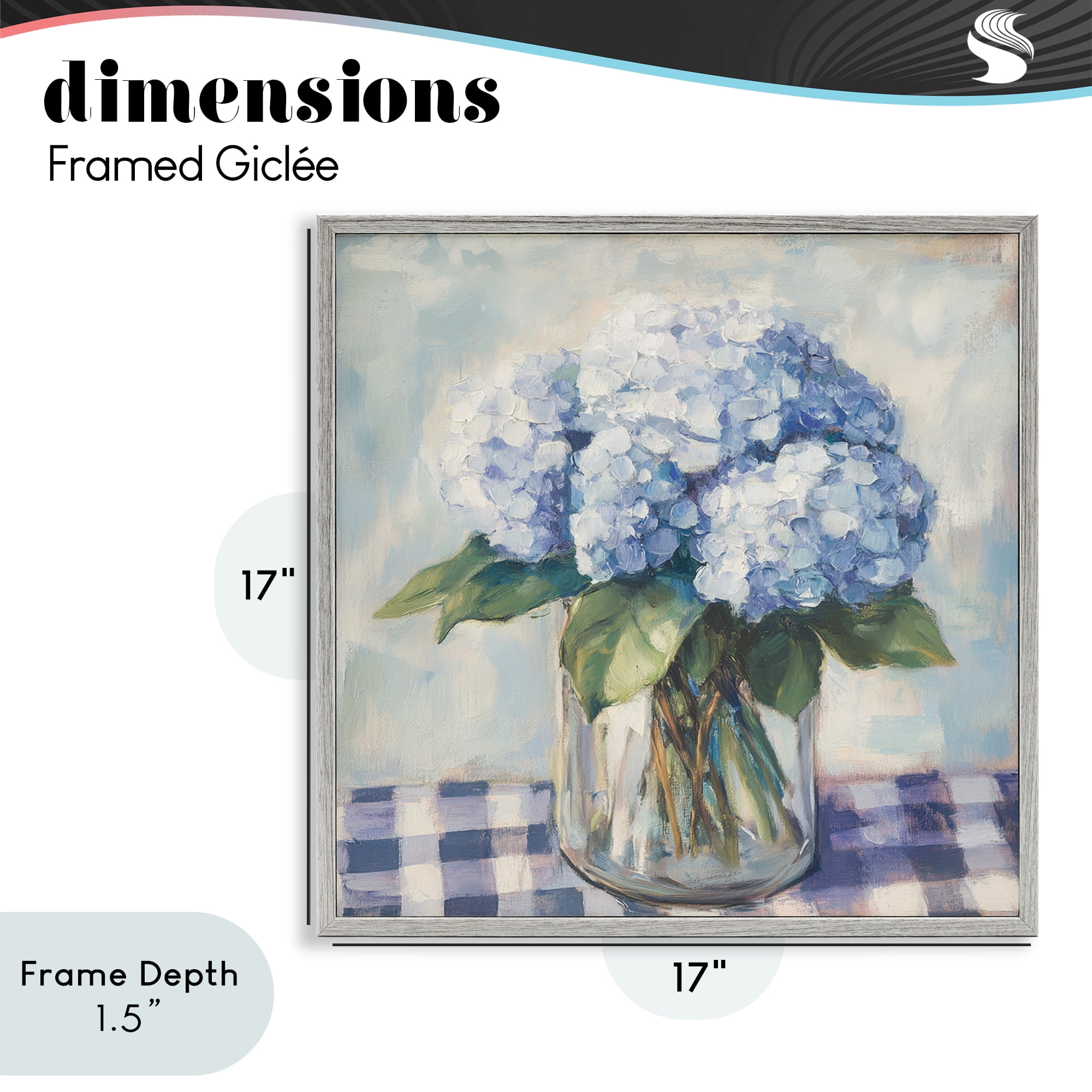 Stupell Industries Hydrangeas on Gingham Tablecloth Gray Framed Giclee Art, design by Petal Prints Design