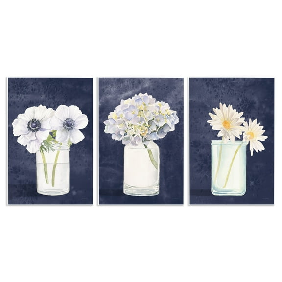 Stupell Industries Navy Blue Flower Bouquets Botanical & Floral Painting Unframed Art Print Wall Art, 13 x 19, Set of 3