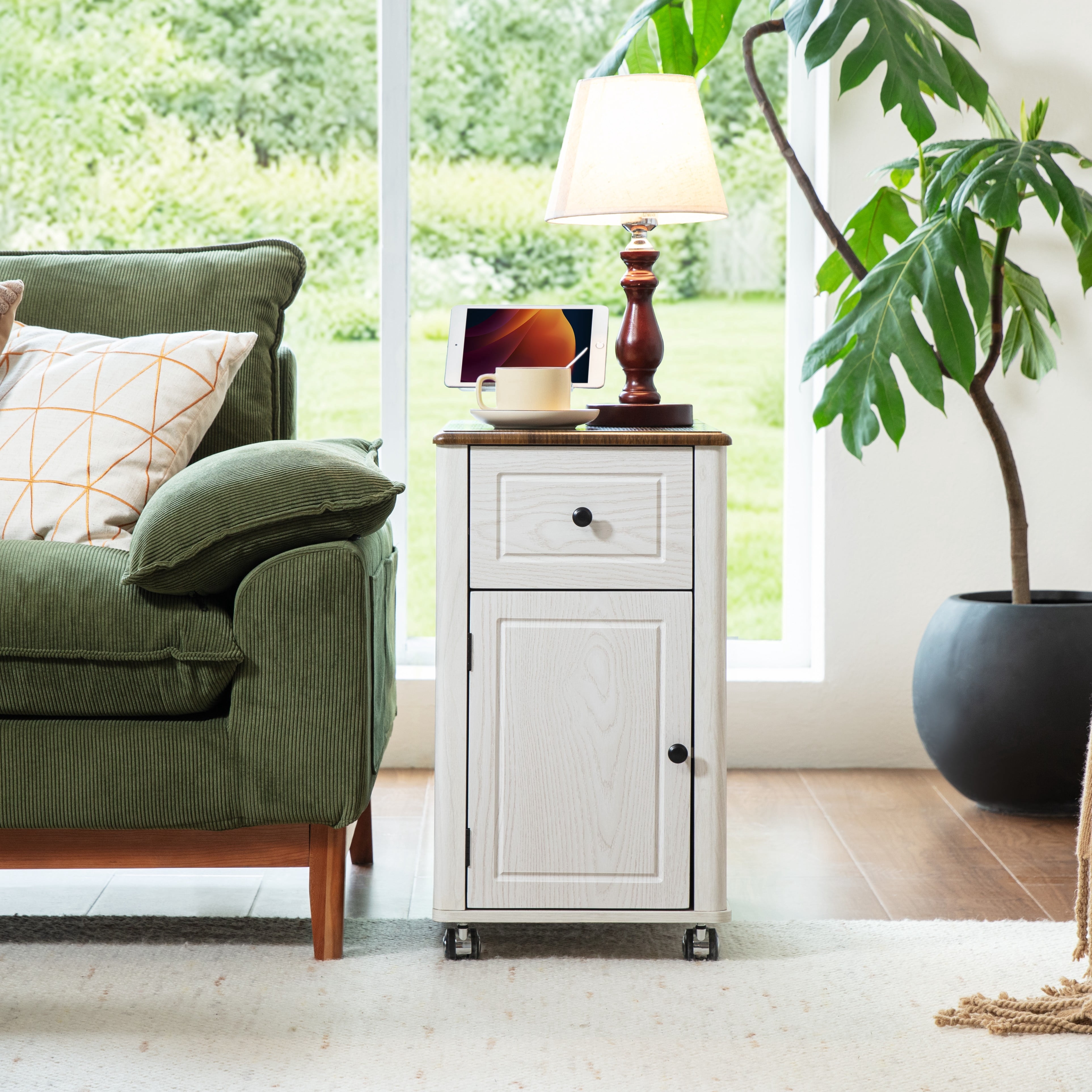 CHIC HOUSE End Tables for Living Room with Charging Station Wheels, Farmhouse Nightstand for Bedroom with Drawer Storage, Wheeled Narrow Side Tables Accent Tables, Small Tables for Small Space, Oak