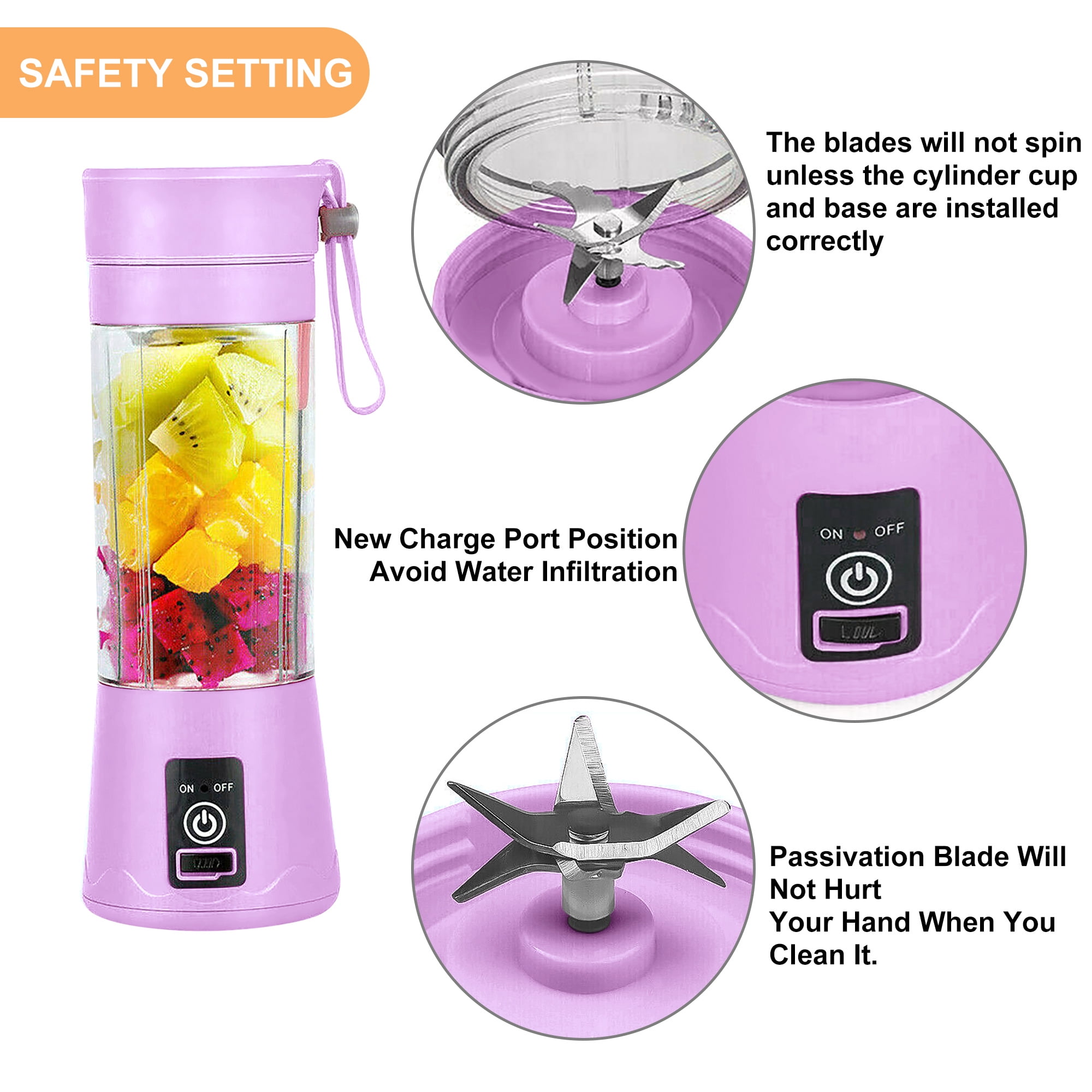 SUGFACY Personal Size Blender, Portable Blender, Battery Powered USB  Blender, with Four Blades, Mini Blender Travel Bottle for Juice, Shakes,  and