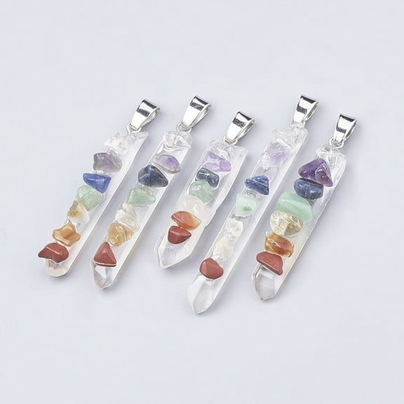 Natural Quartz Crystal Pointed Pendants with Mixed Stone & Iron Findings Platinum 36~52x7~9x9~10mm Hole: 6x3mm