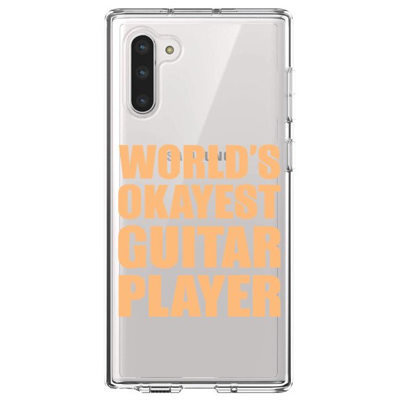 DistinctInk Clear Shockproof Hybrid Case for Samsung Galaxy Note 10 (6.3" Screen) - TPU Bumper Acrylic Back Tempered Glass Screen Protector - World's Okayest Guitar Player