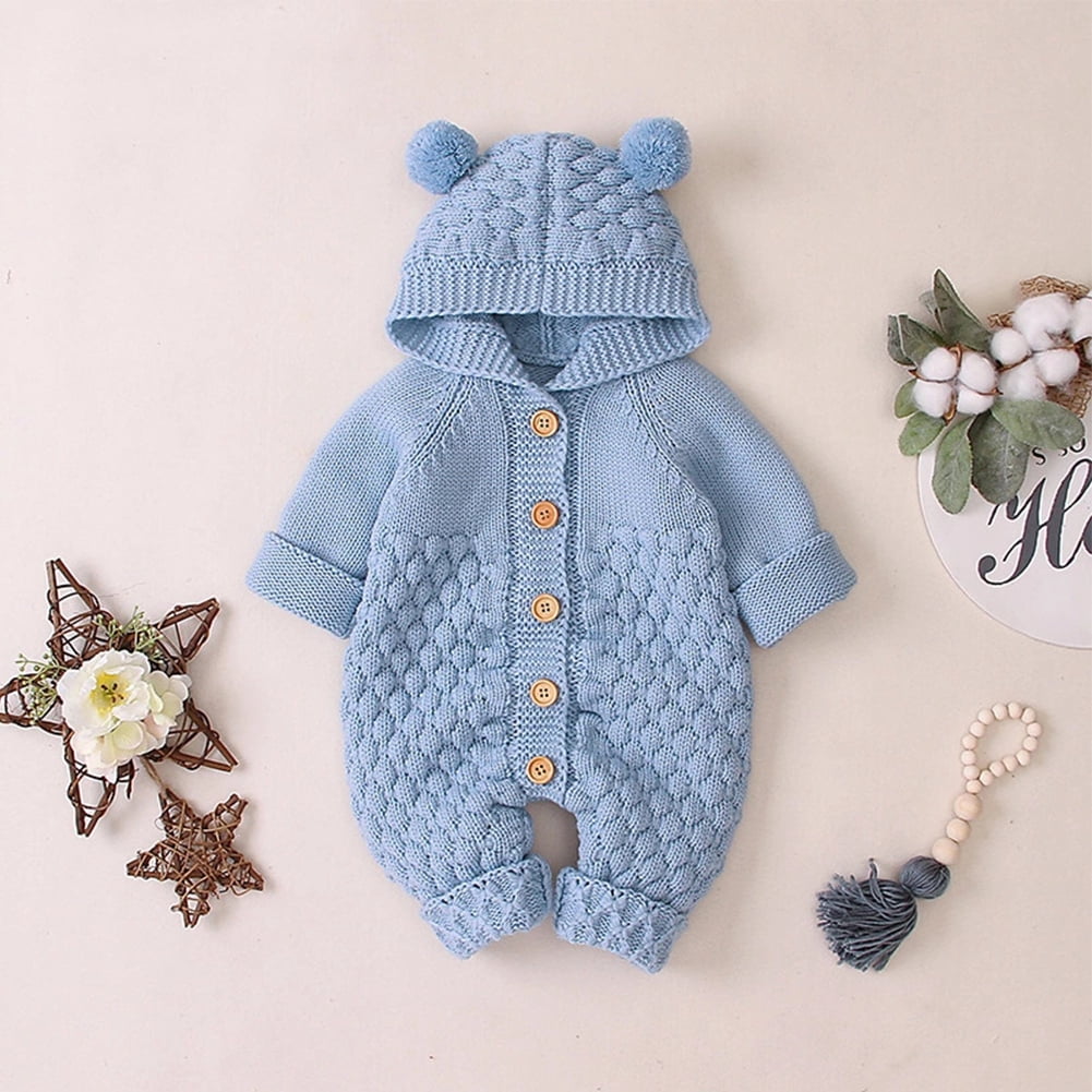 IBTOM CASTLE Unisex Baby Boy Girl Cute 3D Bear Ears Hooded Knitted Sweater Long Sleeve Romper Overall Sleepwear Winter Warm Clothes 0-6 Months Light Blue