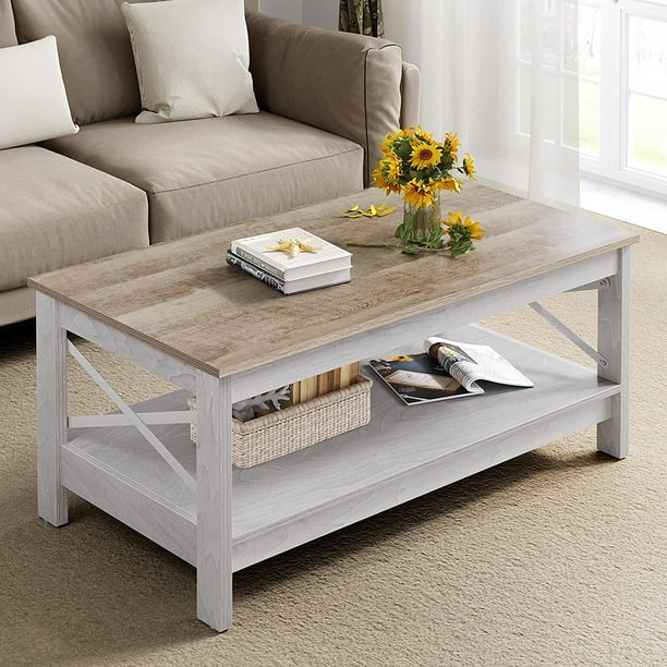 DEXTRUS Farmhouse Coffee Table 2-Tier Wood Center Table with Storage ...