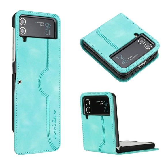 Luxury Case for Samsung Z Flip 3, Smile & Heart Design Premium PU Slim Leather Shockproof Smile & Heart Design Case Wrist Strap for Samsung Galaxy Z Flip 3, Green