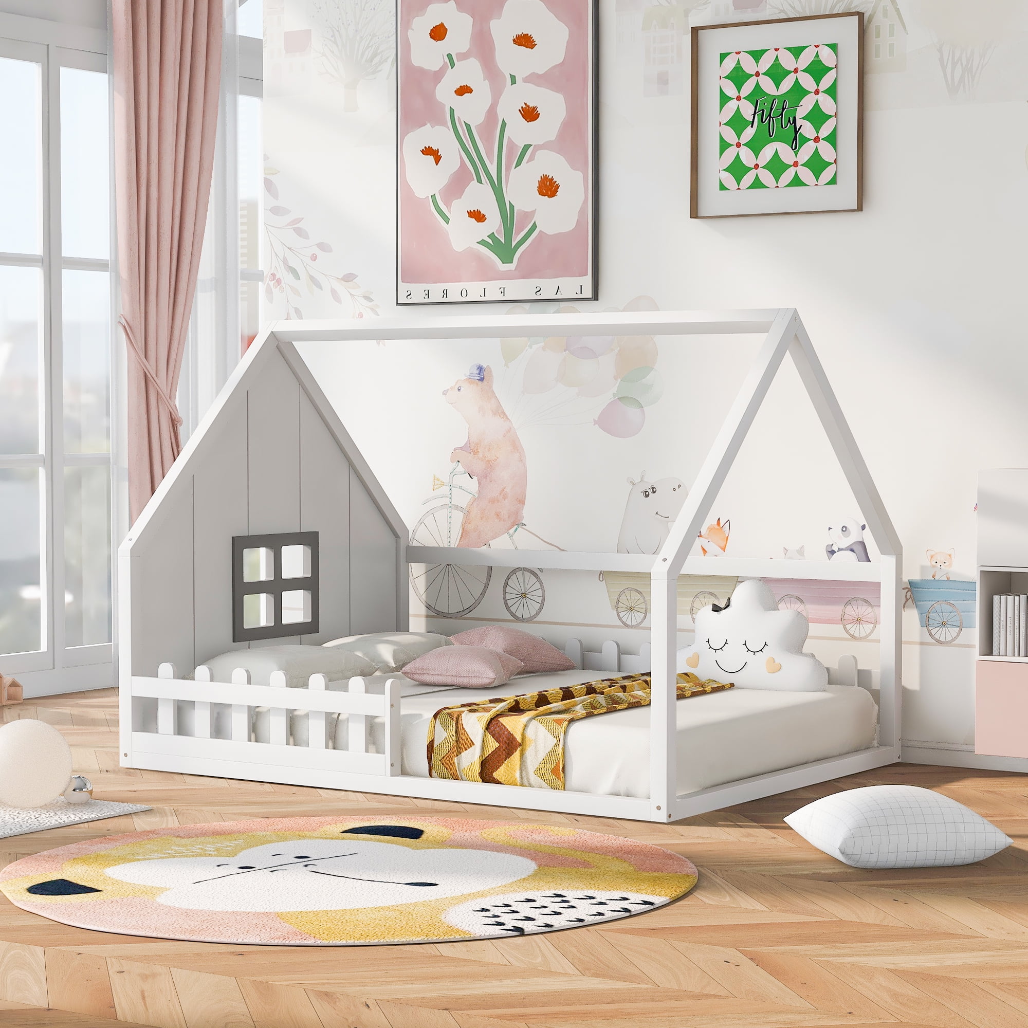 Gewnee Full Size House Bed with Fence, Wooden Montessori Floor Bed with Window for Toddler Kids,White
