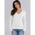 thumbnail image 4 of Women Long Sleeve Cable Knit Sweater Fall Fashion V Neck Fitted Pullover Business Casual Fall Outfits White S, 4 of 9