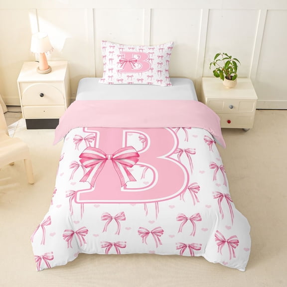 Erosebridal Letter Monogrammed B Twin Bedding For Kids,Girls Cartoon Ribbon Bowknot Duvet Cover Set,Pink Reversible,2pcs,No Comforter