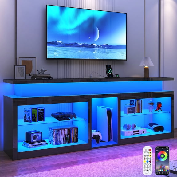 ChVans Modern LED TV Stand for TVs up to 80" with Adjustable LED Lights/Outlet, High Gloss Entertainment Center with Open Shelves Storage, Media Console TV Stands for Living Room, Game room, Bedroom