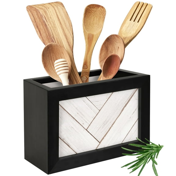 Autumn Alley Farmhouse Wood Utensil Holder in Shiplap - Black & White Kitchen Decor