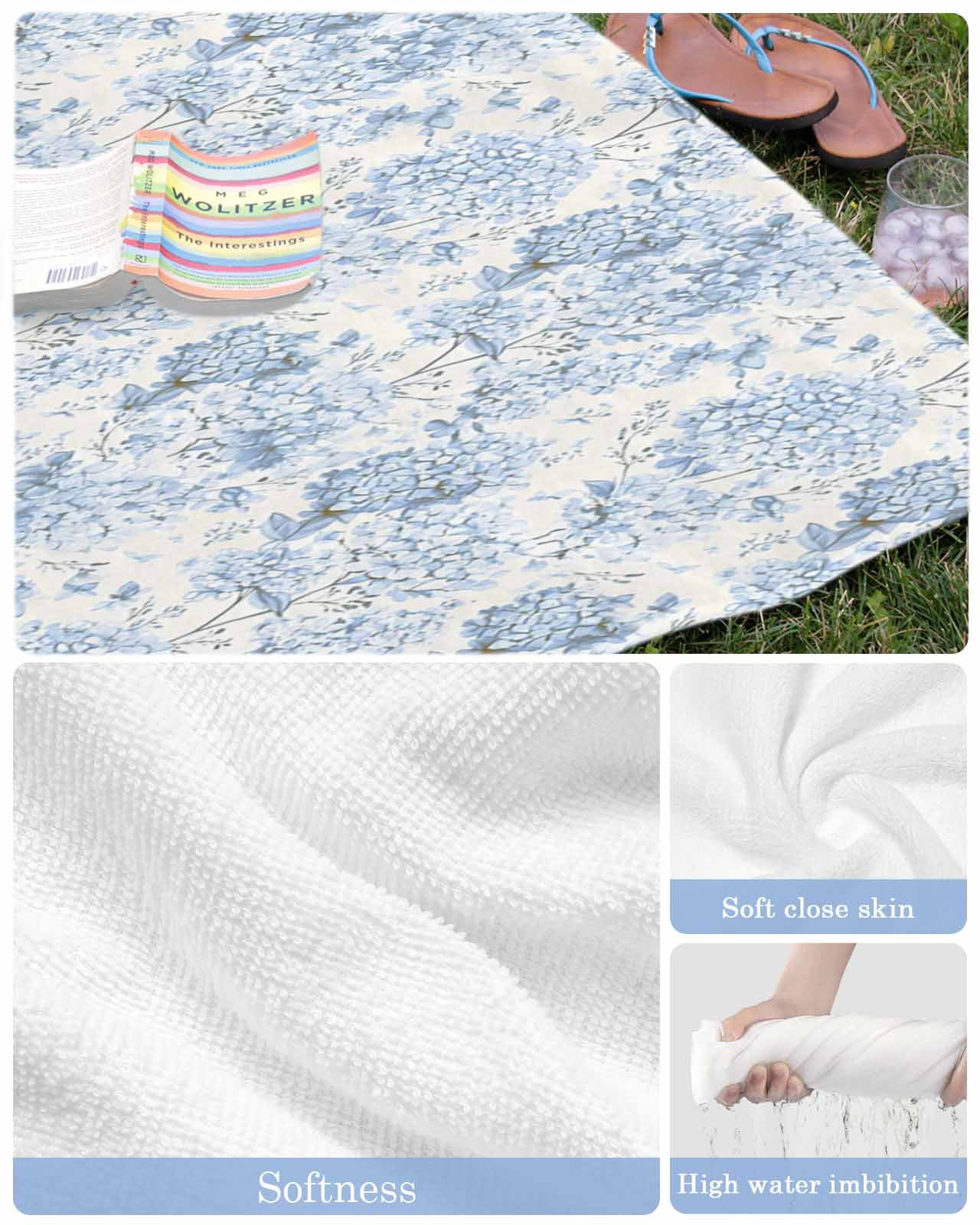 Blue Floral Beach Towels Oversized Super Absorbent, Garden Petals Flower Botanical Tree Branch Lightweight Bath Towel Quick Dry Sets For Bathroom/Pool/Rv Camping/Beach Play/Gym Room/Picnic 31"x62"