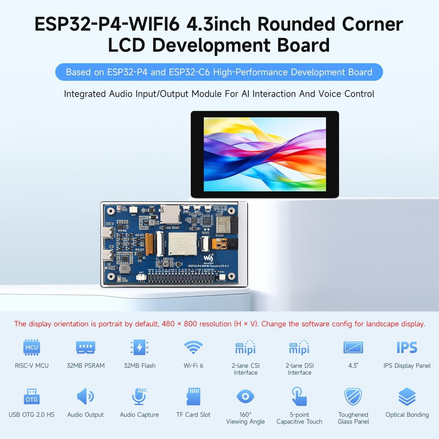 ESP32-P4-WIFI6 4.3inch Development Board, 480 × 800 Resolution, 5-Point Touch, Onboard Audio codec chip, Supports Wi-Fi 6 and BLE 5, with OV5647 Camera