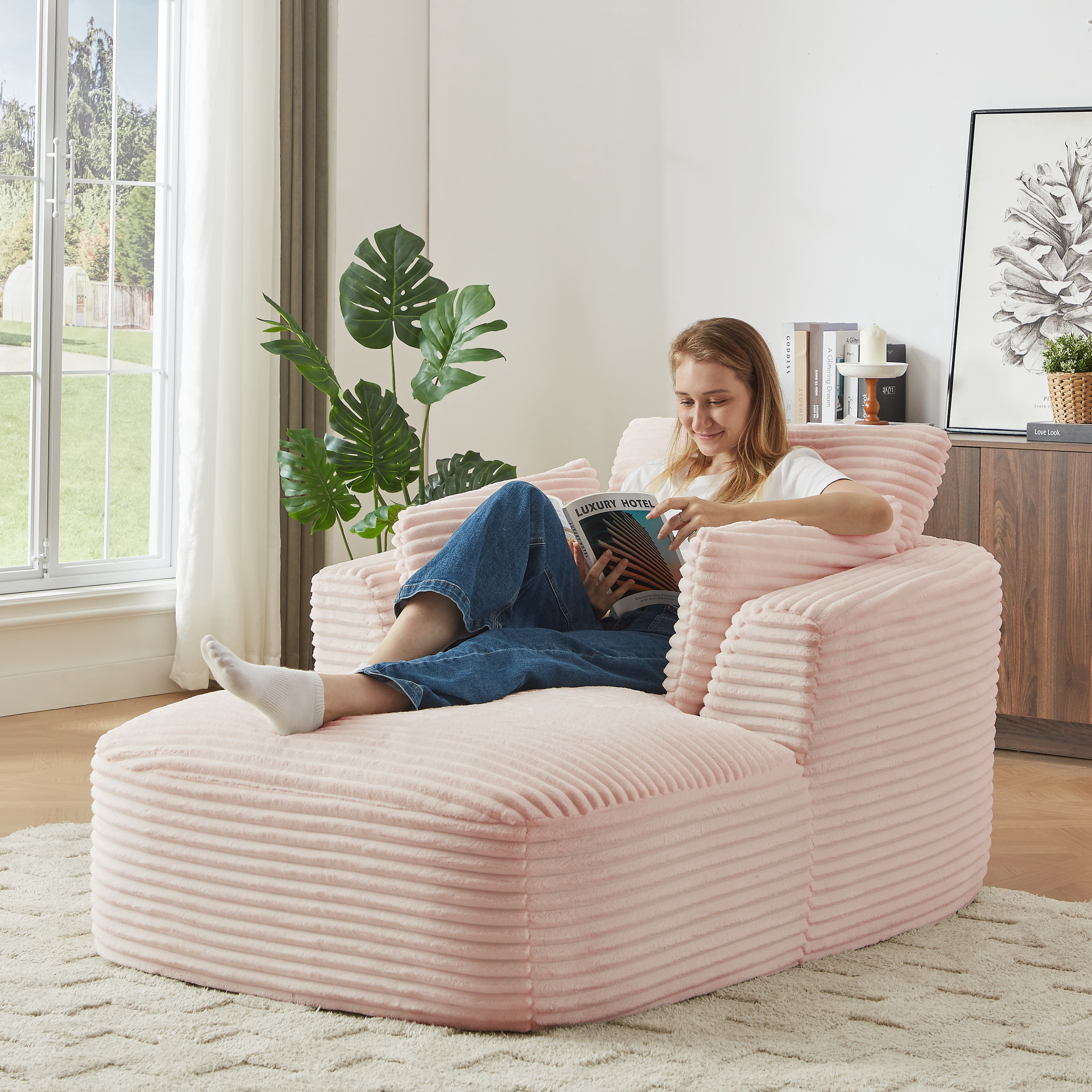 MAYEERTY Oversized Corduroy Chaise Lounge Sofa, Modern Couch with Spring Cushion for Apartment, 45*65*36"Pink