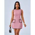 thumbnail image 6 of Pink Tweed Sleeveless Round Neck Mini Dress With Contrasting Black Trim For Elegant Occasions, 6 of 7