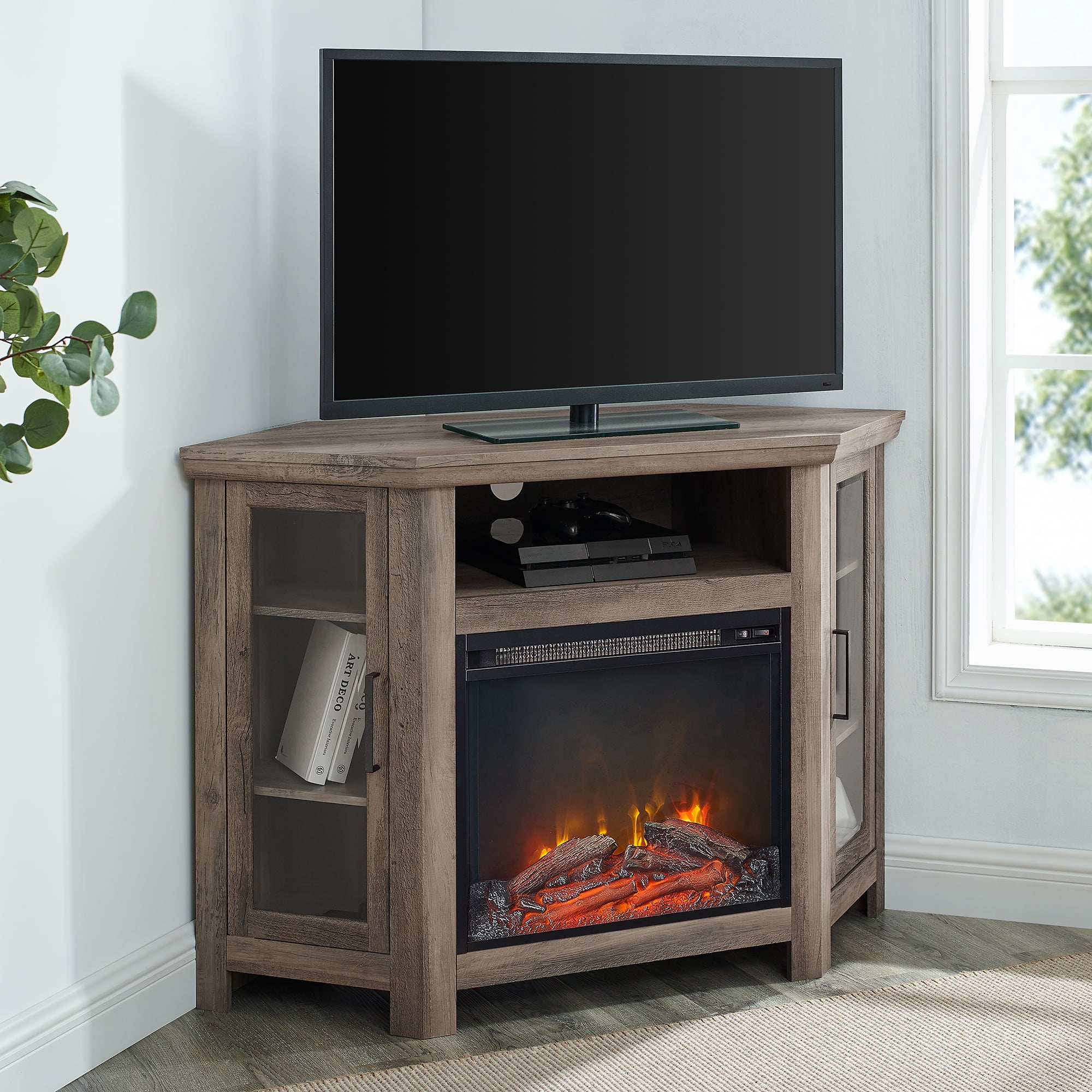 Walker Edison Corner Fireplace Tv Stand, Corner Tv Stand With Fireplace 65 Inch