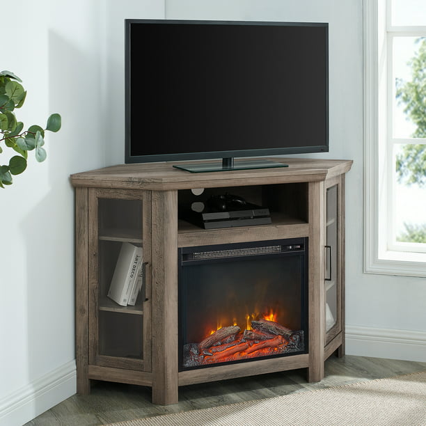 Walker Edison Grey Corner Fireplace Tv, Corner Electric Fireplace Tv Stand With Remote